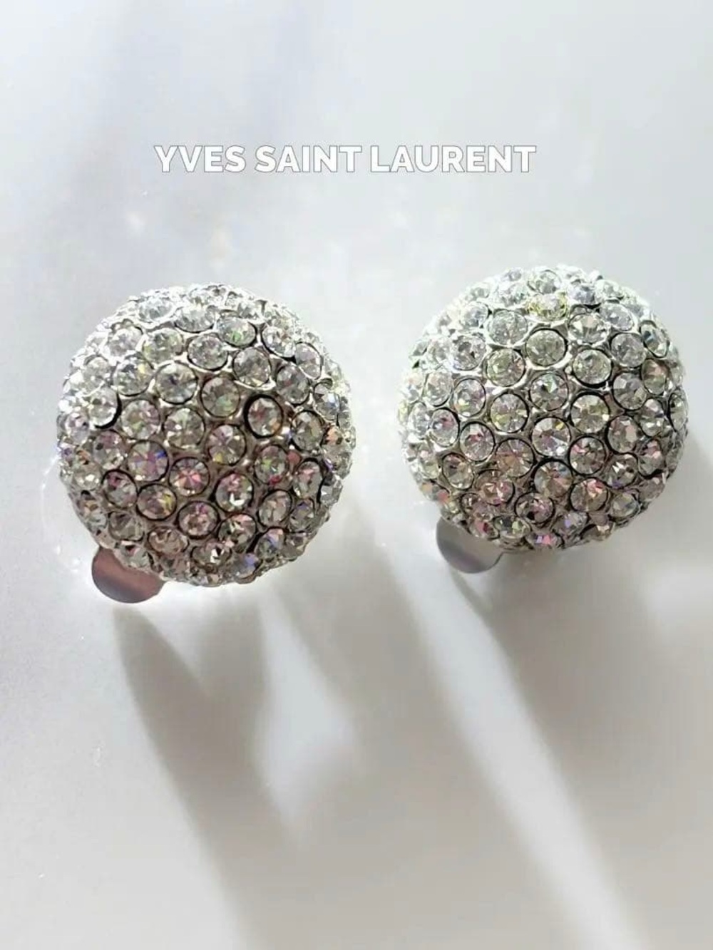 Yves Saint Laurent Silver Crystal Dome Clip-On Pave Earrings